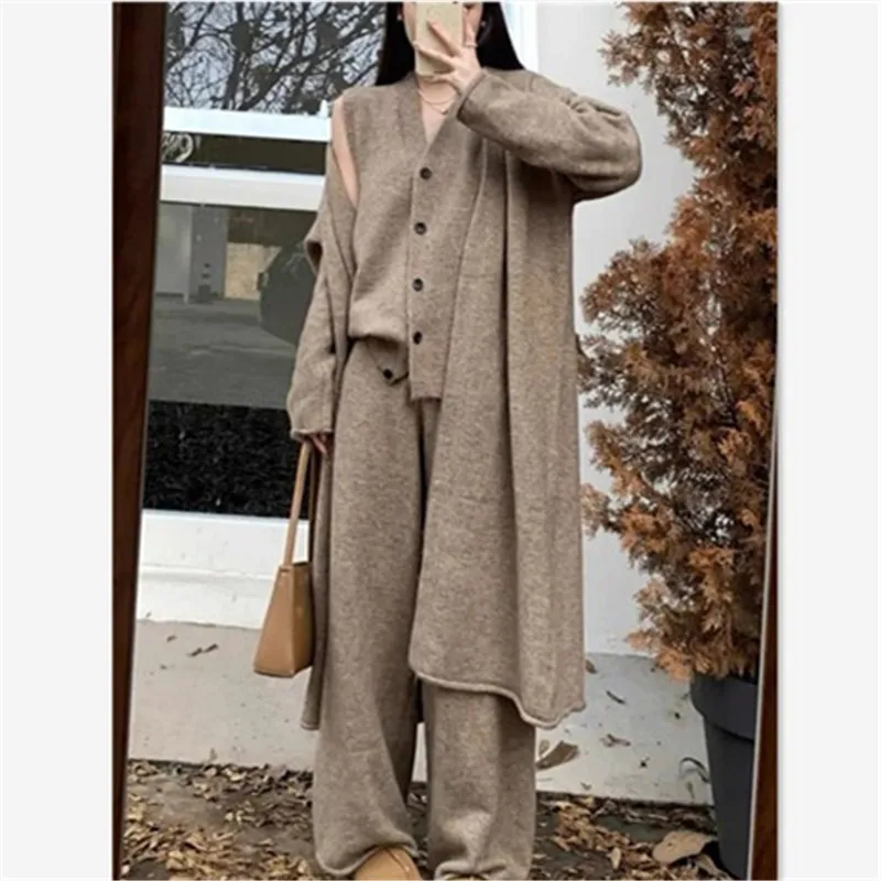 

Three Piece Pant Sets Knit Full Sleeve Long Cardigan Pants Vest Suits Solid Casual Straight Trousers Elegant Lady Spring 2025