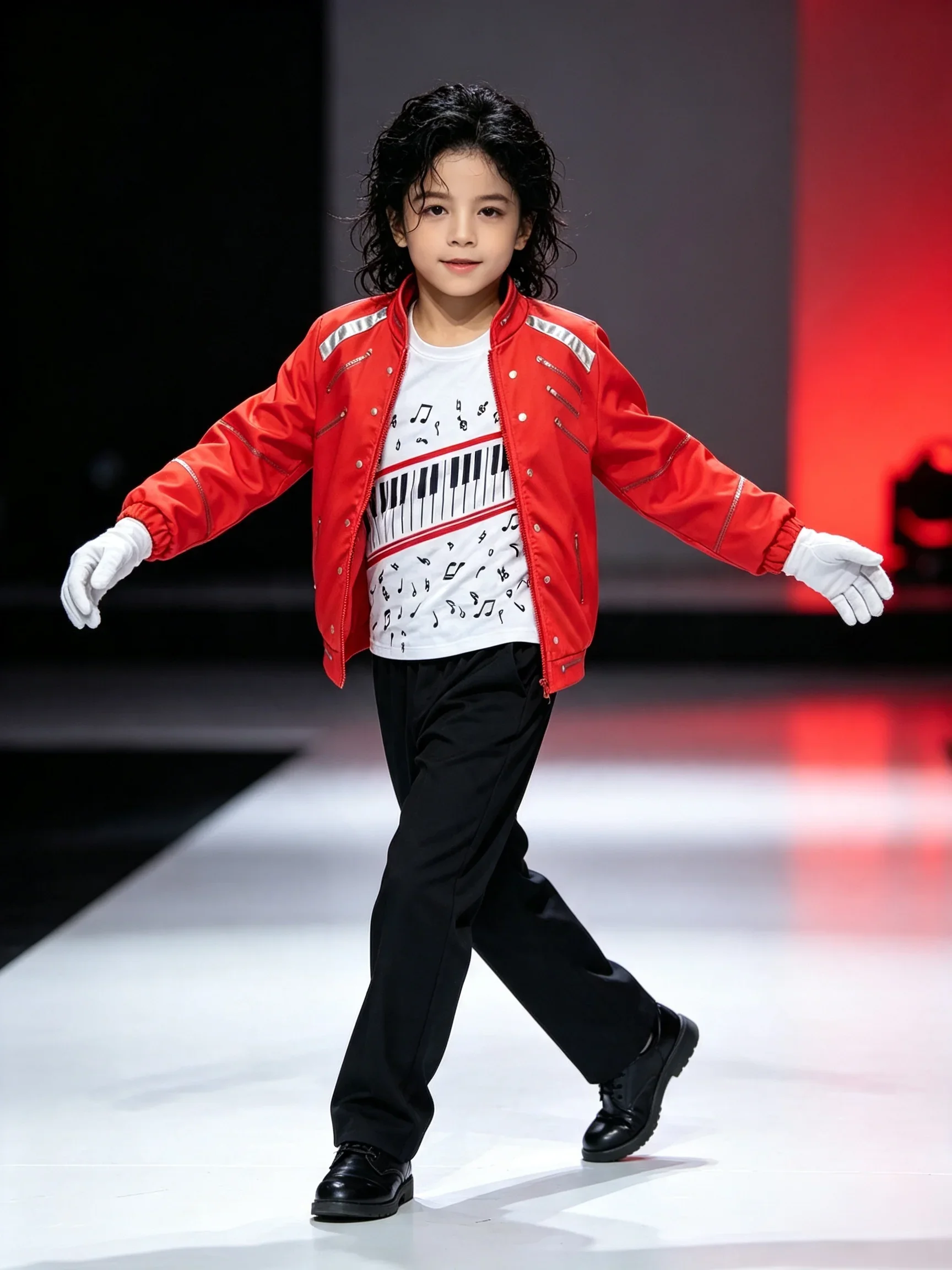 Moonwalk Rote Jacke Kostüm-Set für Jungen, T-Shirt mit Klavier-Print, Schwarze Hose für Kinder, Bühnenshow, Halloween, Sänger-Cosplay-Outfit – Detail 2