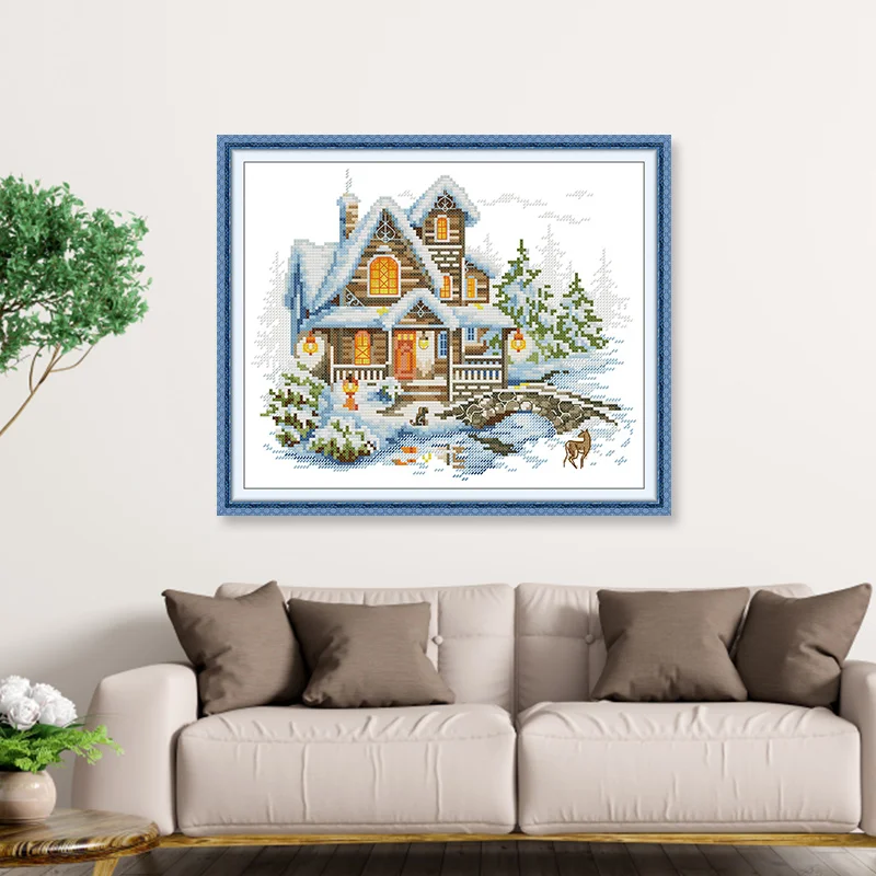 Joy Sunday Cross Stitch Kit Winter Lodge HD Pattern Printed Counted Fabric Aida 16CT 14CT 11CT DIY Embroidery Sets Home Decor