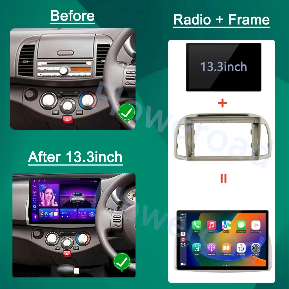 13.3inch Android 12 All in one Car Radio For Nissan March 3 K12 2002 - 2010 Stereo Multimedia Player GPS Carplay 8GB+256GB 2 din