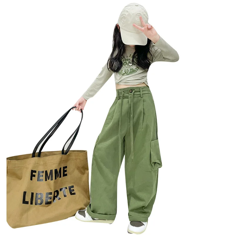 Spring And Autumn New Girl\'s Retro Army Green Cargo Pants High Waist Showing Thin Loose Sports Casual Wide Leg Trousers 6-14 Y