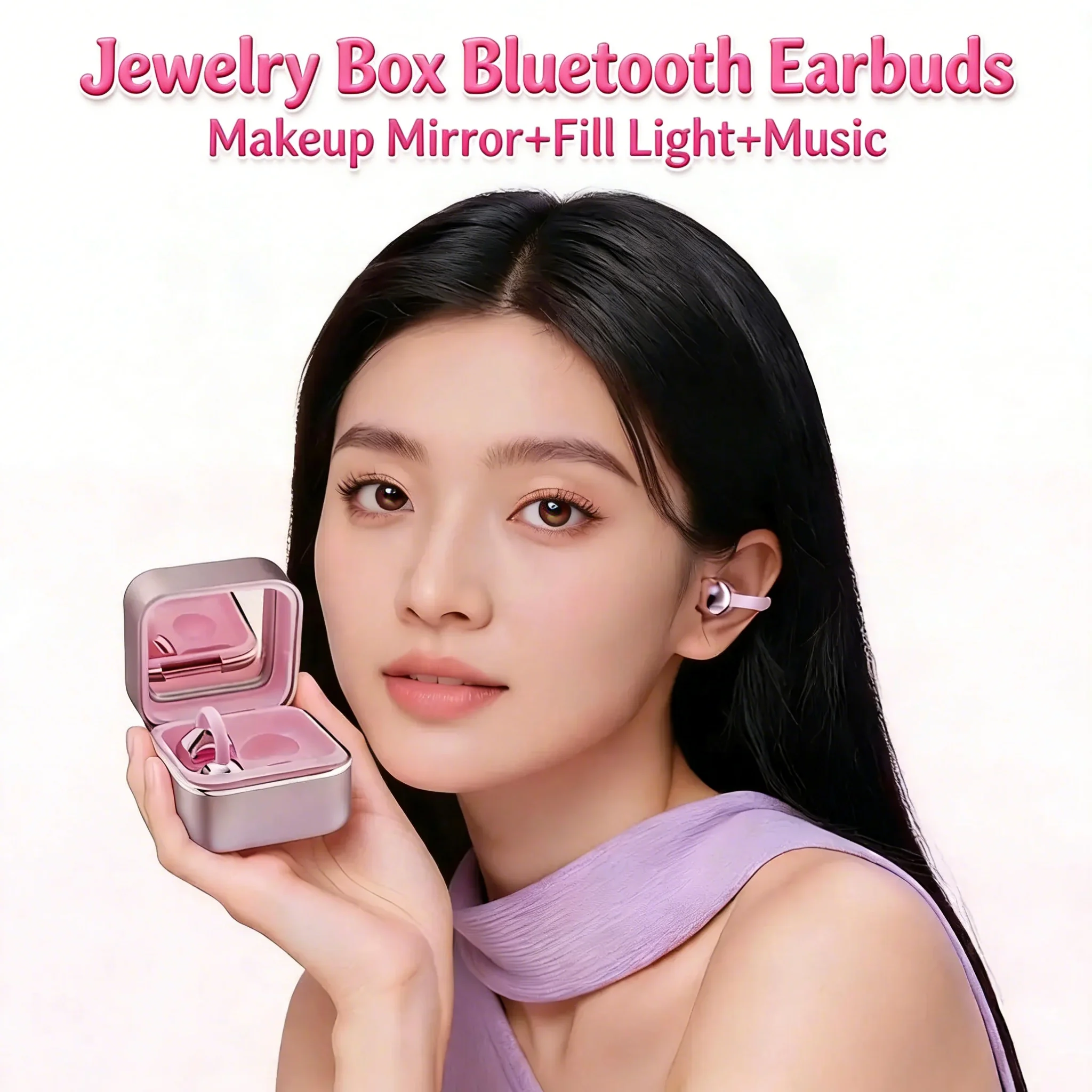 

Jewelry Box Wireless Ear Clip Earbuds With Makeup Mirror Fill Light Butterfly Earrings Accessories Bluetooth 6.0 For Women Gift