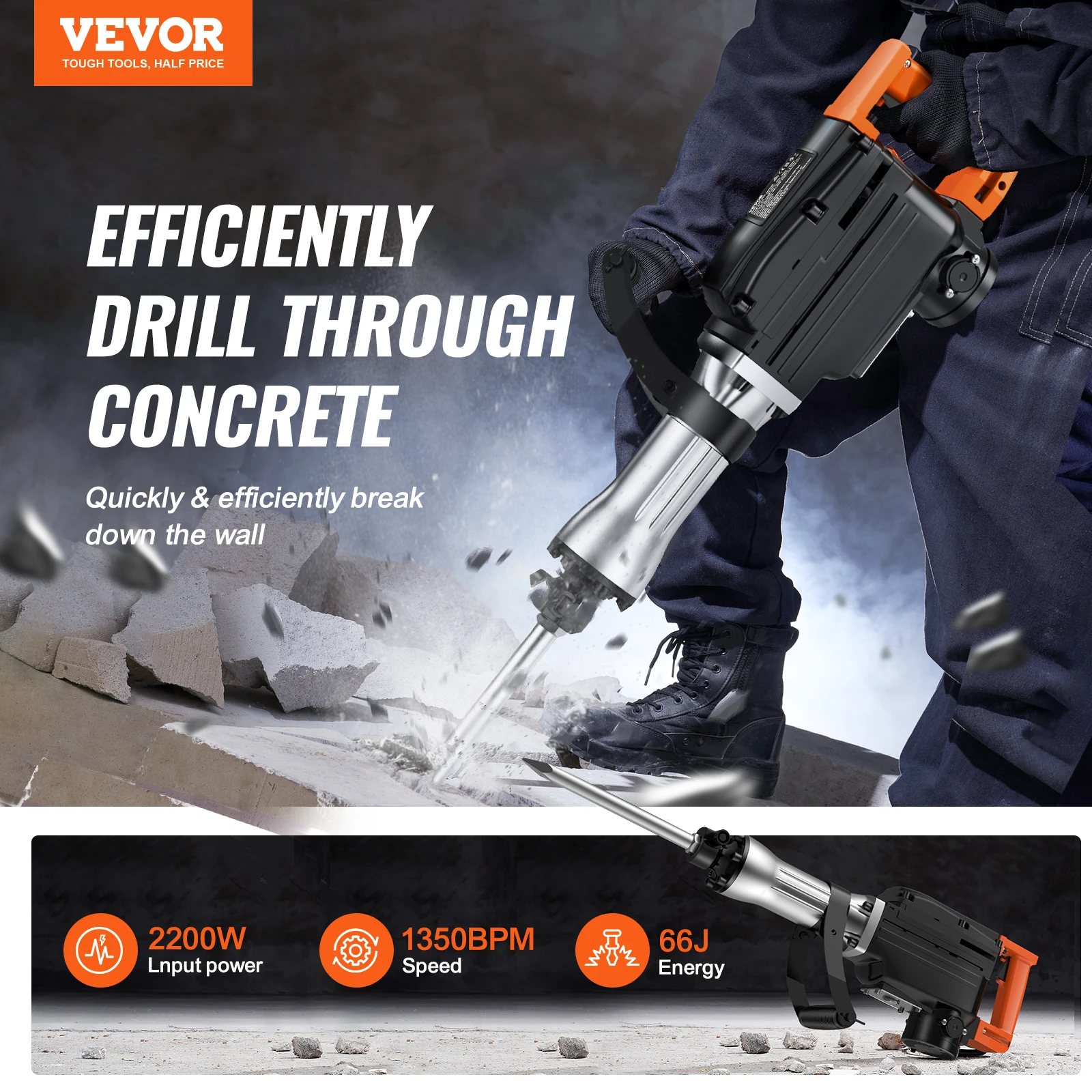 VEVOR Demolition Jack Hammer 1350 BPM Concrete Breaker 6pcs Chisels Bit Chipping with Case 2200W Electric Jackhammer Heavy Duty