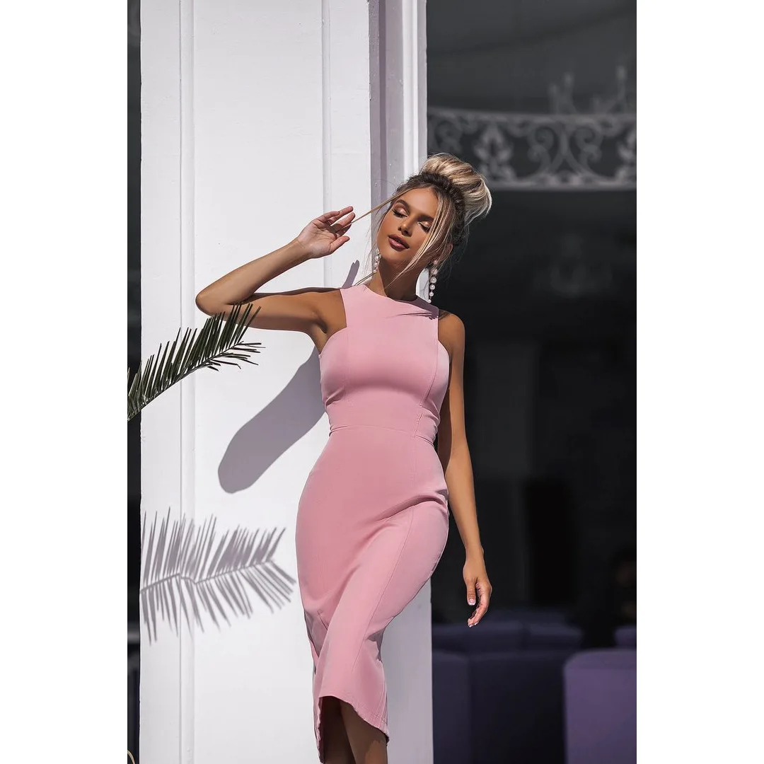 Novedad de verano para mujer, vestido informal ajustado sexi, ceñido al cuerpo con abertura, ropa para el hogar, vestido Midi de Color sólido sin mangas