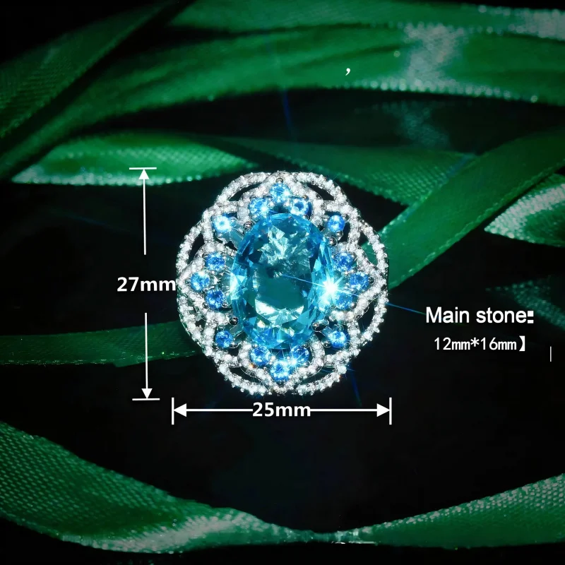 New luxury full-diamond imitation sapphire open ring. Sky blue tourmaline ring with pure blue lotus design in sterling silver.