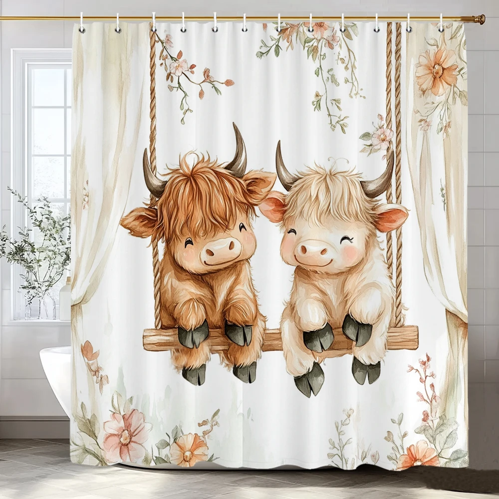 

Cartoon Cute Flower Highland Cattle Shower Curtain, Bathroom Decorative Shower Curtain, Printed Fabric Home Curtain with Hooks