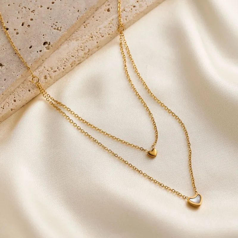 Sweet Gold-color Stainless Steel Double-layer Heart-shaped Fritillary Pendant Necklace for Women Collarbone Chain Jewelry Gifts