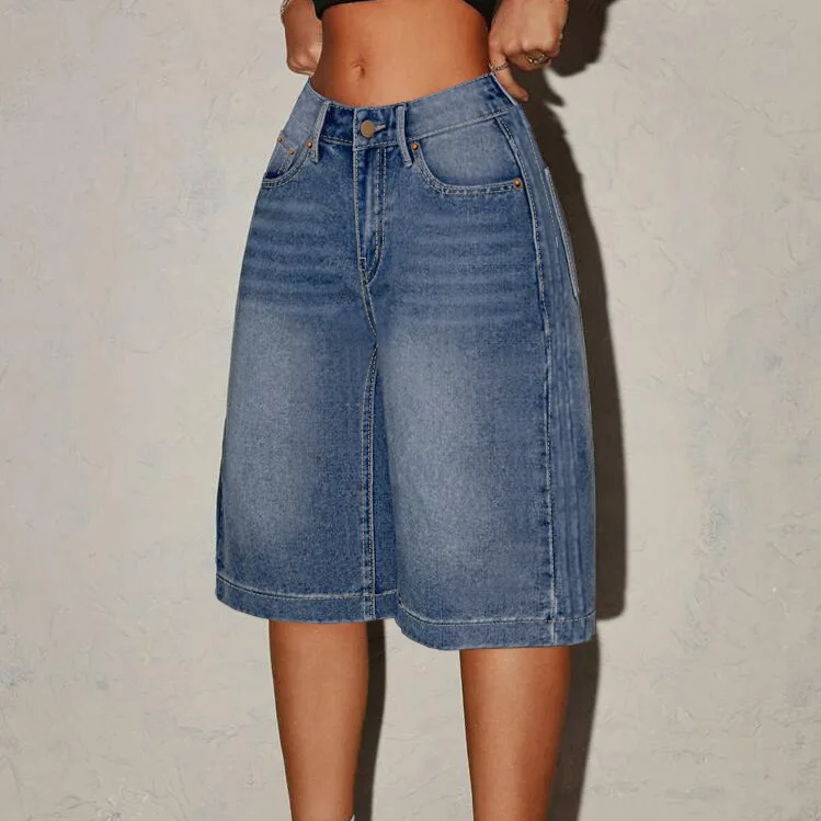 American Style Retro Denim Shorts Women Loose Casual Wide Leg mid Waist Five Parts Trendy Cotton Material Short Pants