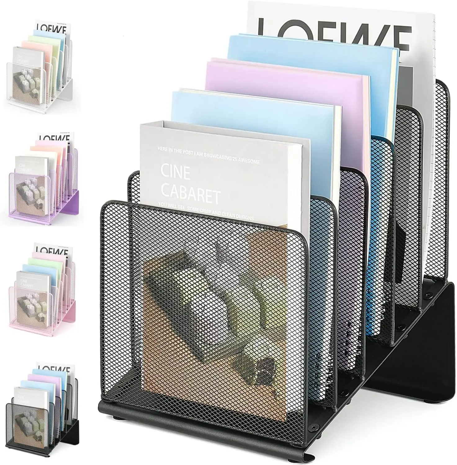 

5-Section Vertical File Organizer for Desk, Home Office Document Storage Rack, Black Steel Mesh