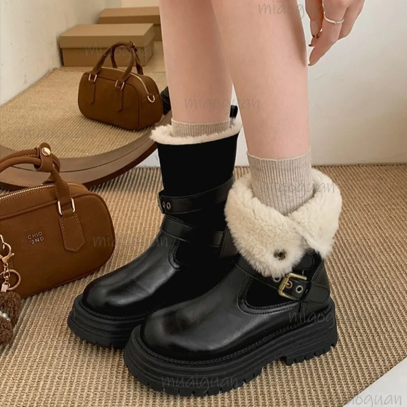 

Темпераментные зимние ботинки на толстой подошве в стиле ретро, женская обувь, зимние теплые кожаные короткие ботинки на плюшевой подкладке в винтажном стиле