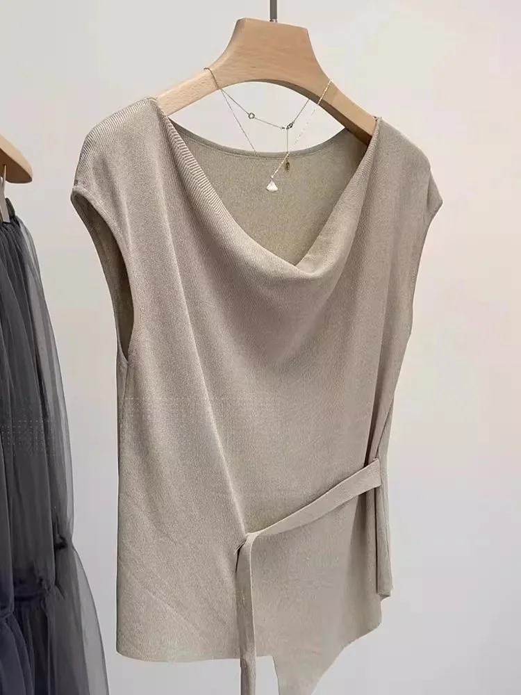 Top de Punto de Seda de Hielo, Sin Mangas, Informal, Color Puro, Estilo Casual, Tendencia de Moda Verano 2025, Corte Regular,...