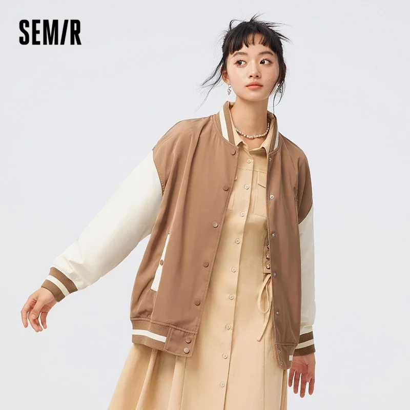 Semir Women Coat Hit Color Splicing Jacket Loose Personality Fashion Autumn Embroidery Baseball Uniform Ins Coat for Women