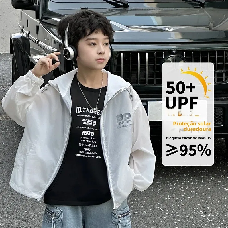 キッズ夏アイスシルク冷感日焼け止め服フード付きトップボーイズファッショナブルな韓国スタイル超軽量防水通気性