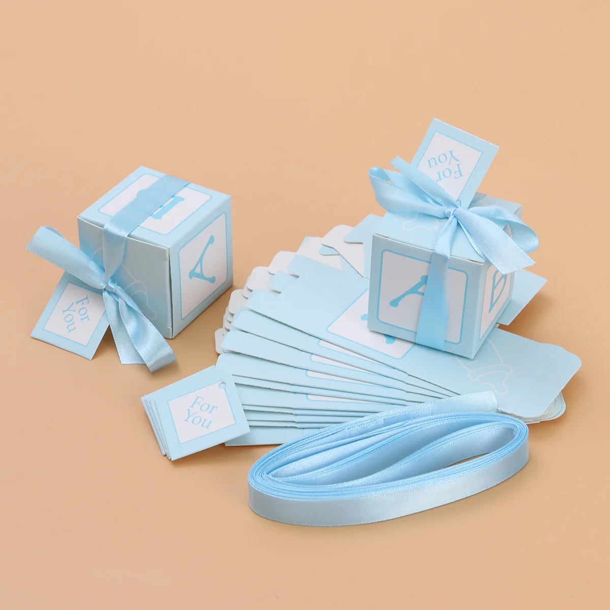 12pcs Wedding Baby Shower Candy Boxes Printed Boxes with Stitched Ribbon and Cards Decent Chocolate Treat Boxes(Blue)