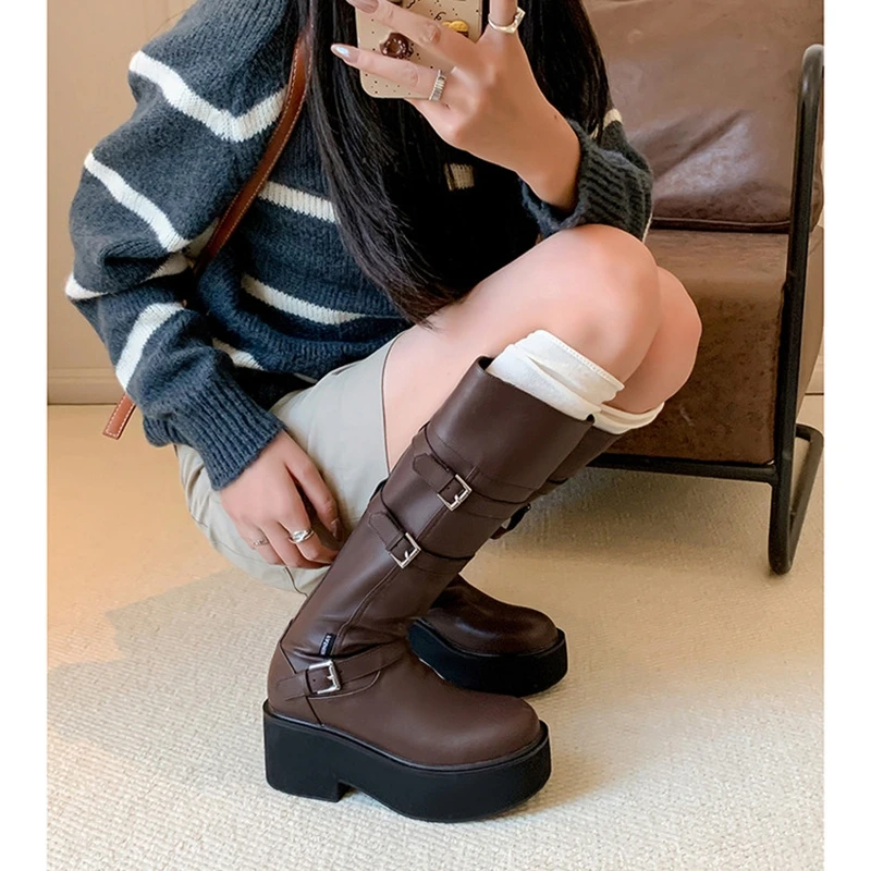 

Women's new leather cowhide round toe high-heeled thick soled metal belt buckle and knee high boots motorcycle boots long boots