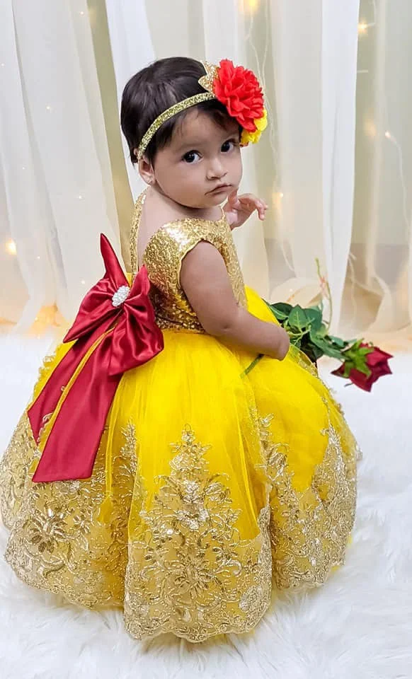 골드 스팽글 소녀 생일 파티 드레스 결혼식 공주 여왕을위한 맞춤형 레이스 꽃의 소녀 드레스 작은 아기 공 가운