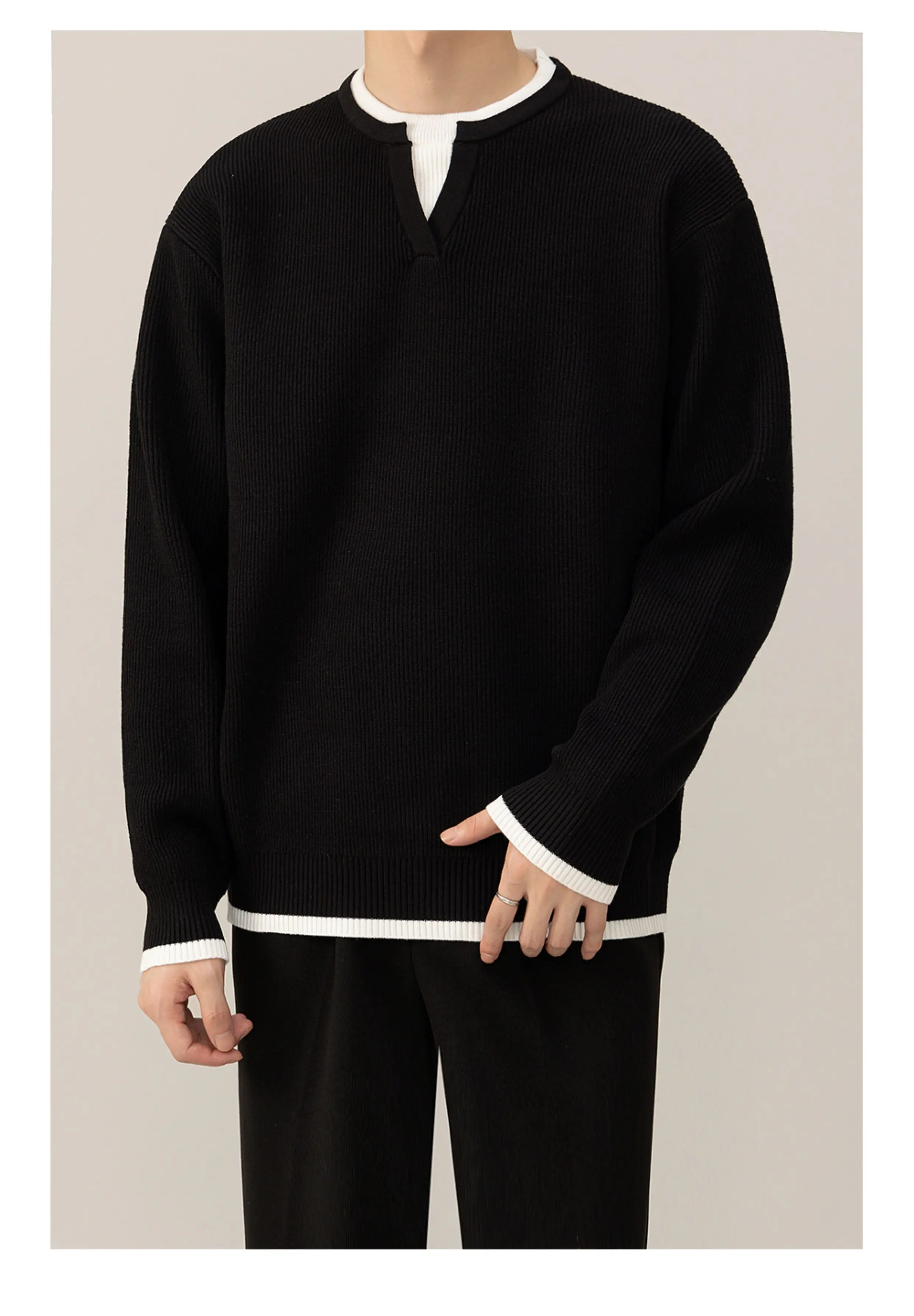 Autumn Winter Commuting Style Men's Casual Versatile Black White Knitwear High-end Warm V-neck Gray Red Fake Two-piece Sweater