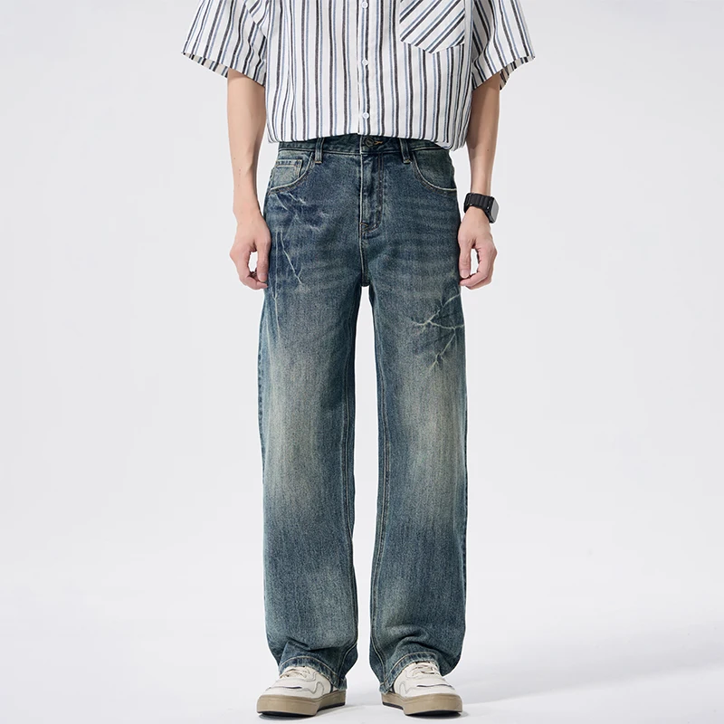 

Vintage Washed Baggy Jeans Men Whisker Lightning Design Stretchy Loose Straight Wide Leg Denim Pants Streetwear Clean Fit