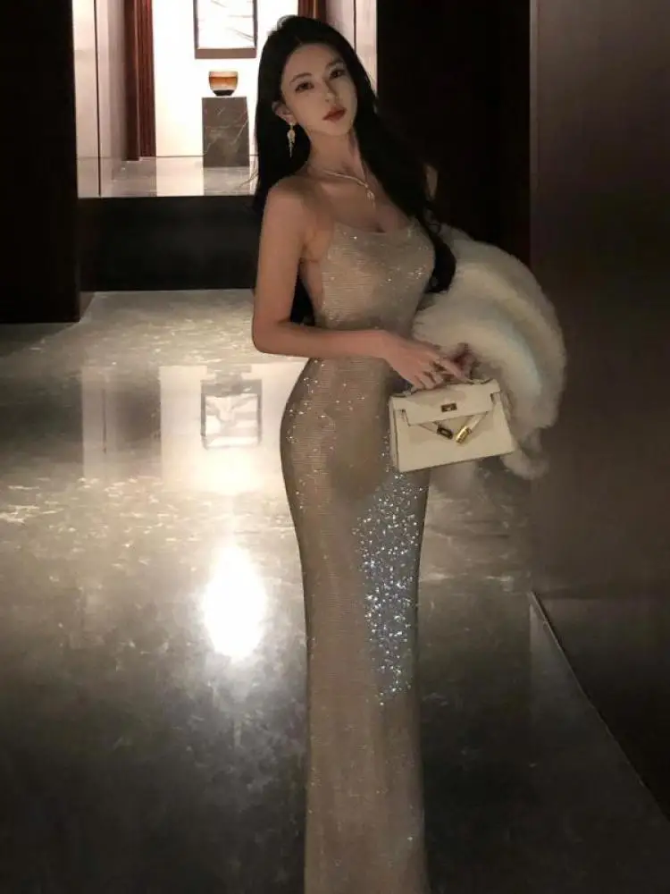 

Summer New Apricot Sequins Elegant Sexy Backless Slip Long Dress Women French Sleeveless Birthday Party Evening Dress Simplicity
