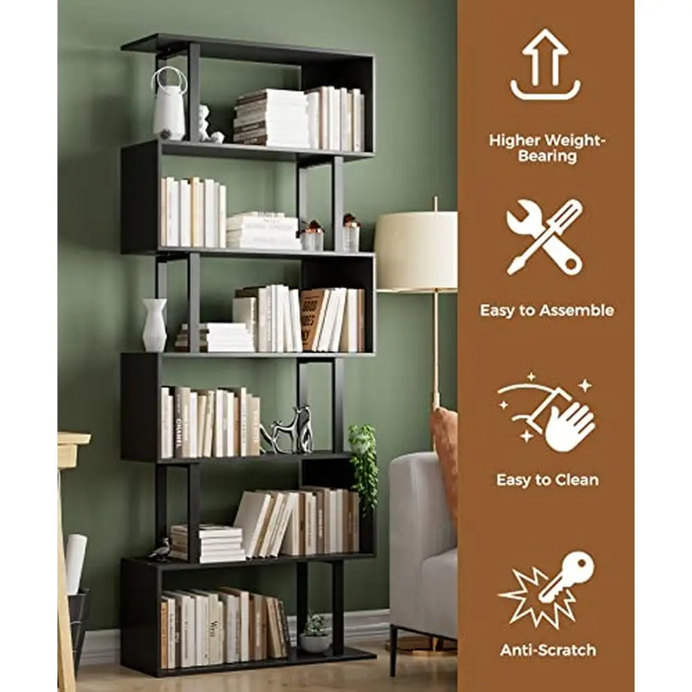 Modern 6 Tier Black Geometric Bookcase Storage Shelf Wood Metal S-Shape Space Saving Durable Shelf