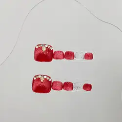 10pcs Handmade Red Cat Eyes Fake Toe Nail Press Ons Wearable Glitter False Nails Short Square Diamond French Tip Finished Nails