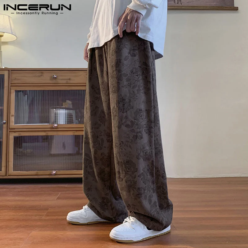 

INCERUN Men Pants Flower Printing Elastic Waist Loose Joggers Corduroy Trousers Men Streetwear 2024 Fashion Casual Long Pants