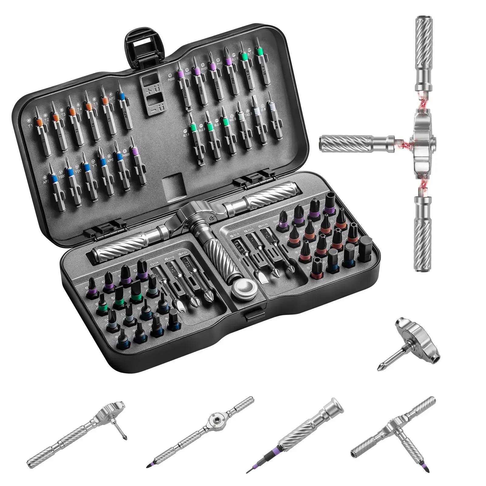 Precision 66in1 Magnetic Ratchet Screwdriver Set, Detachable T-Handle Magneticizer, Fix Furniture, Electronics & Glasses