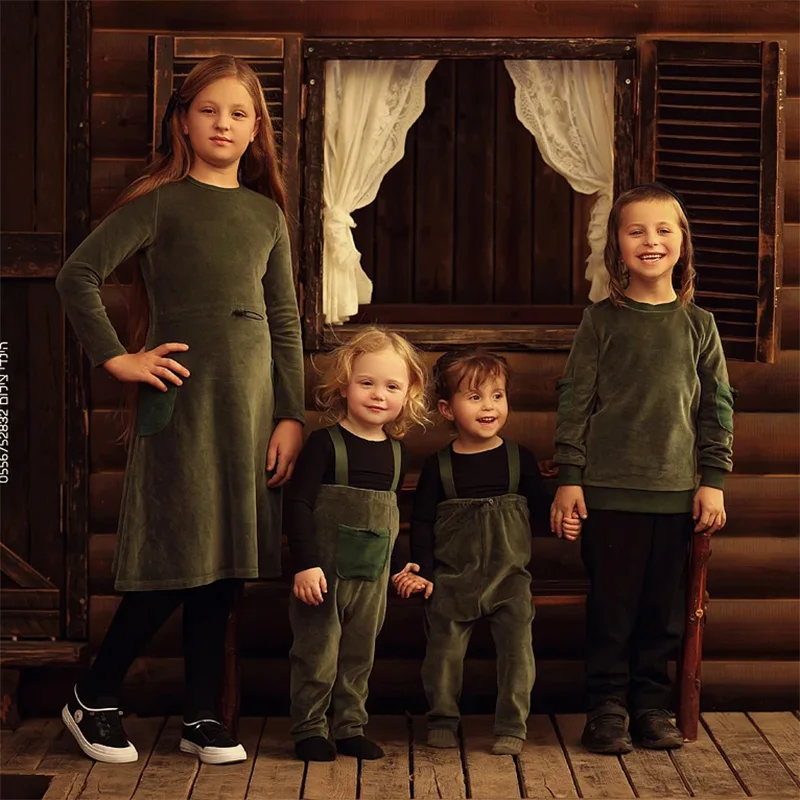 

Velour set with polar fleece pocket family clothing dress top and romper overall suspender children green elegant bust shrink