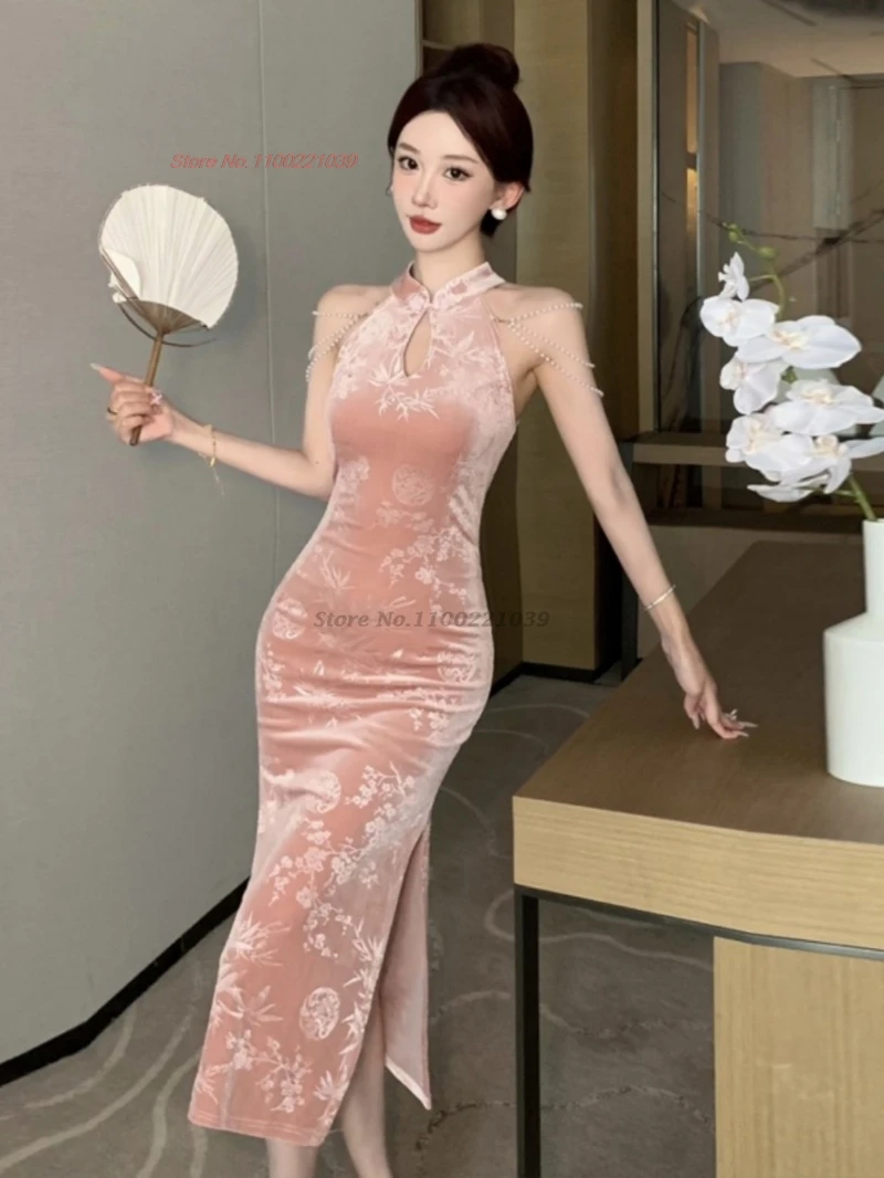 

Китайское сексуальное платье 2025 года, улучшенное бархатное платье Cheongsam для ночного клуба, традиционное тиснение Cheongsam, банкетное вечернее платье