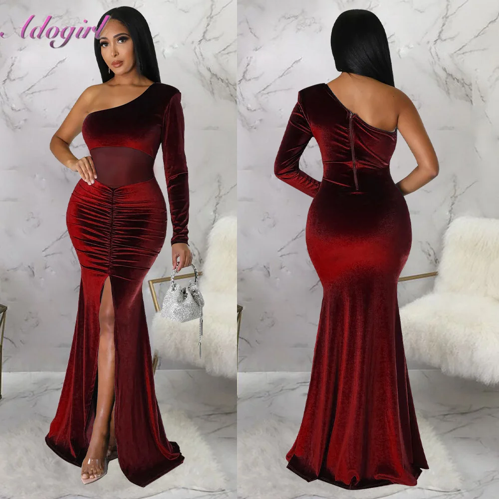 

Elegant Velvet Mesh One Shoulder Prom Evening Floor Length Dress Women Vestidos Sexy Backless High Split Ruched Party Dresses