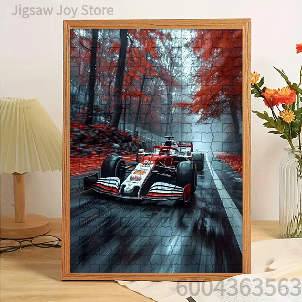 

Paper Jigsaw Puzzle Red White Formula 1 Racing Car on Wet Autumn Forest Road with Blurred Motion Effect Artwork Brain Teaser