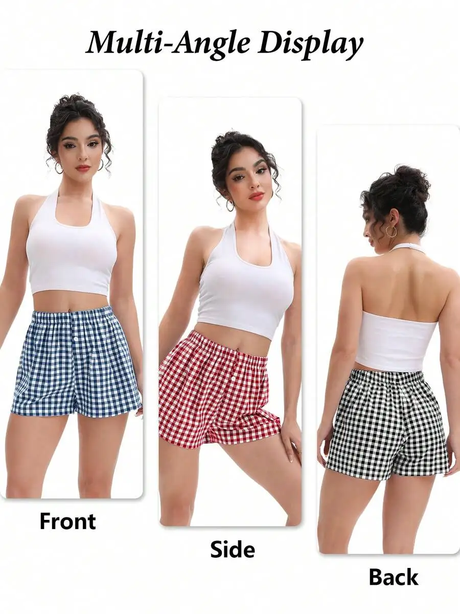 

Women Gingham Boxer Shorts Summer Lounge Sleepwear Casual Plaid Shorts Y2K Style