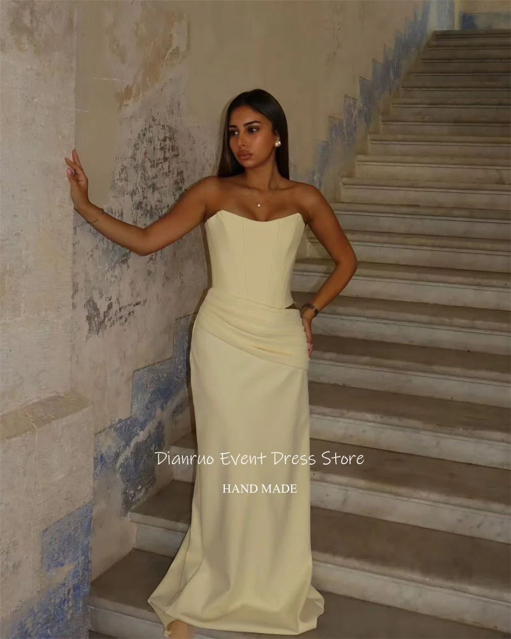 فساتين سهرة رسمية من Dianruo من الساتان الأصفر حورية البحر طويلة بدون حمالات رداء De Soirée بدون ظهر مطوي فيستدو دي فييستا مخصصة