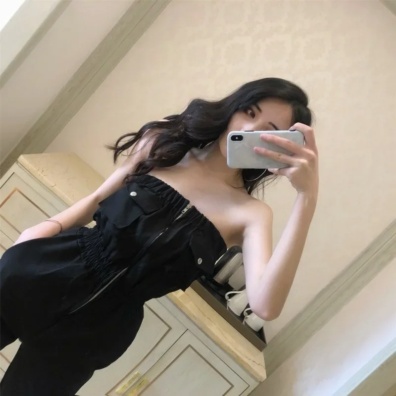 Tute Donna Estate Nero Slash Neck Pantaloni cargo Sexy Punk gotico Ragazze Moda Full Length Chic Harajuku Streetwear Tunica