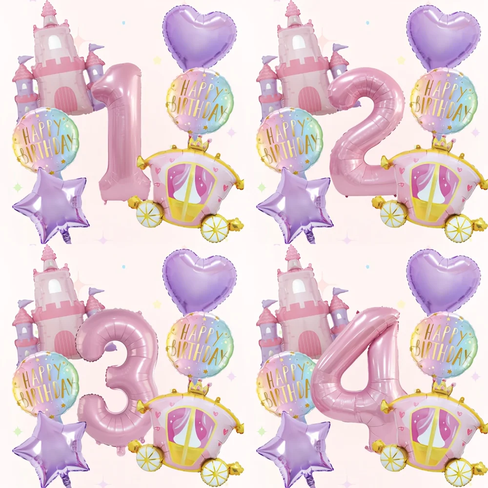 Set de 7 Globos de Aluminio con Temática de Princesa, Castillo y Carruaje, para Fiestas Infantiles, Cumpleaños de Niñas, Baby Showers