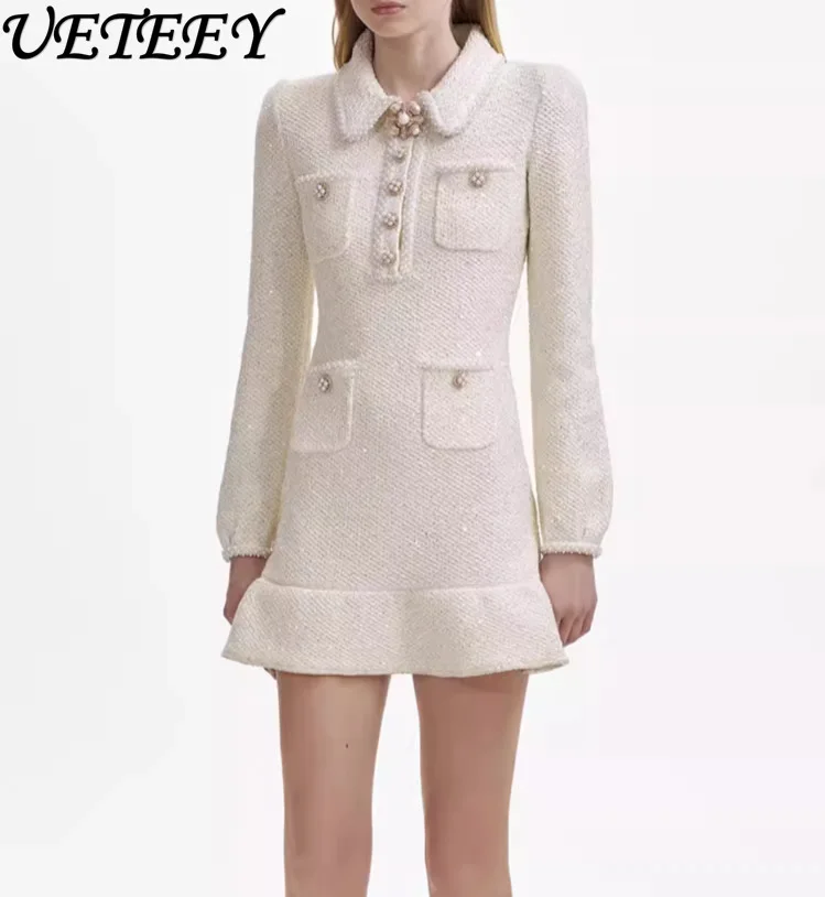 

2024 Autumn Winter Celebrity French Gentle Sweet Slim Woolen Dress Women Niche Design Fashion Sequined Lapel Long Sleeve Dress