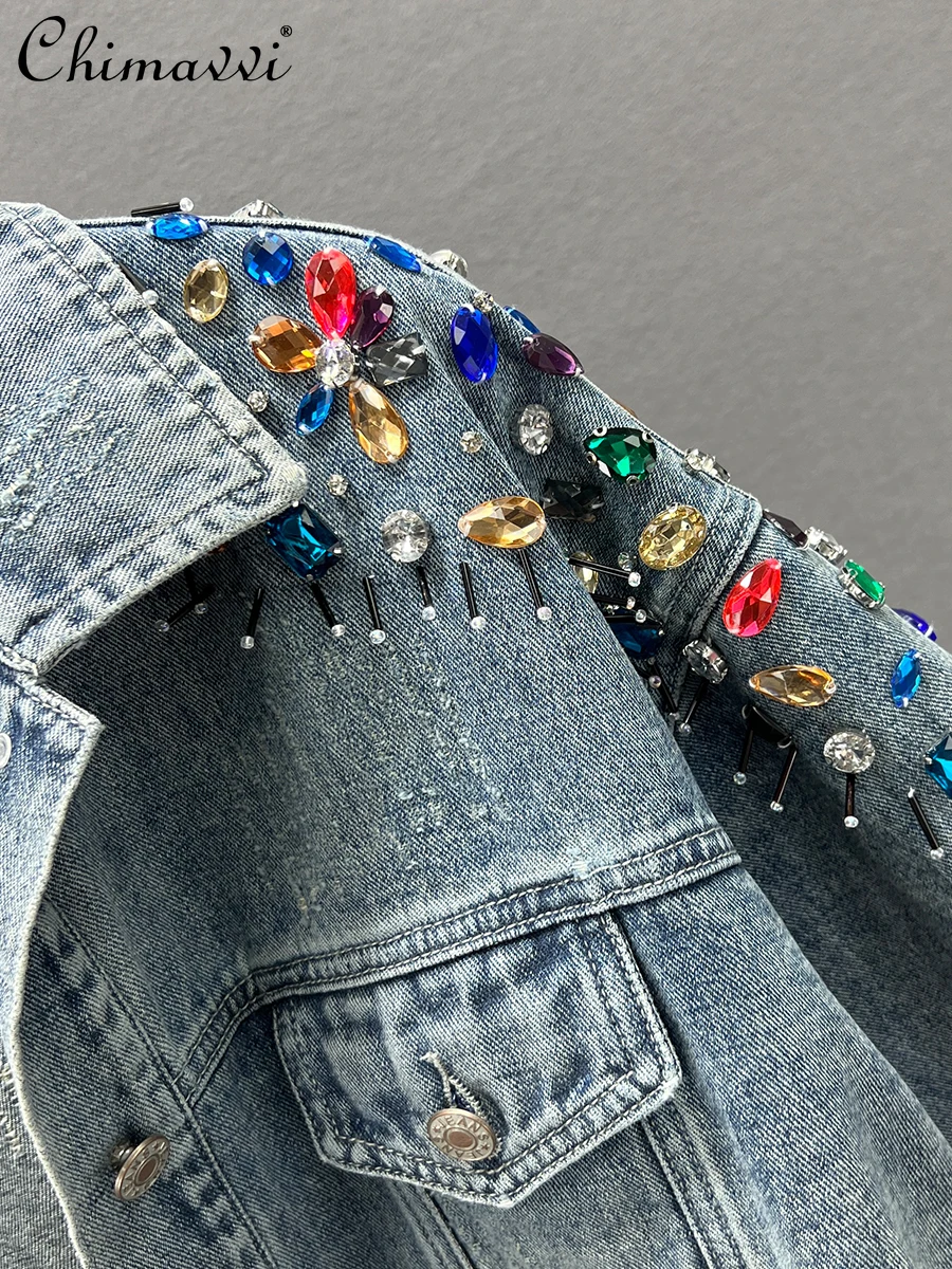 Squisito cappotto di jeans con strass femminile primavera e autunno nuova moda allentata sottile Ins europea manica lunga streetwear giacche di jeans