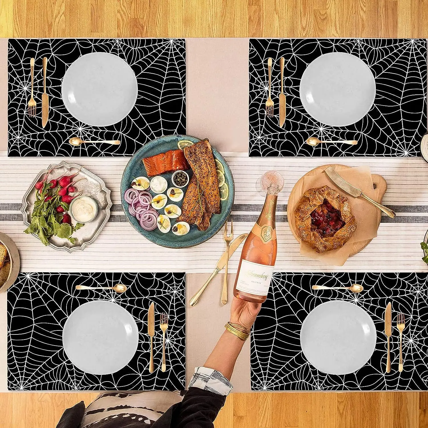 4 Pcs Halloween Placemats Washable Black Spider Web Place Mats Non Slip Heat-Resistant Table Mat for Dining Halloween Decoration