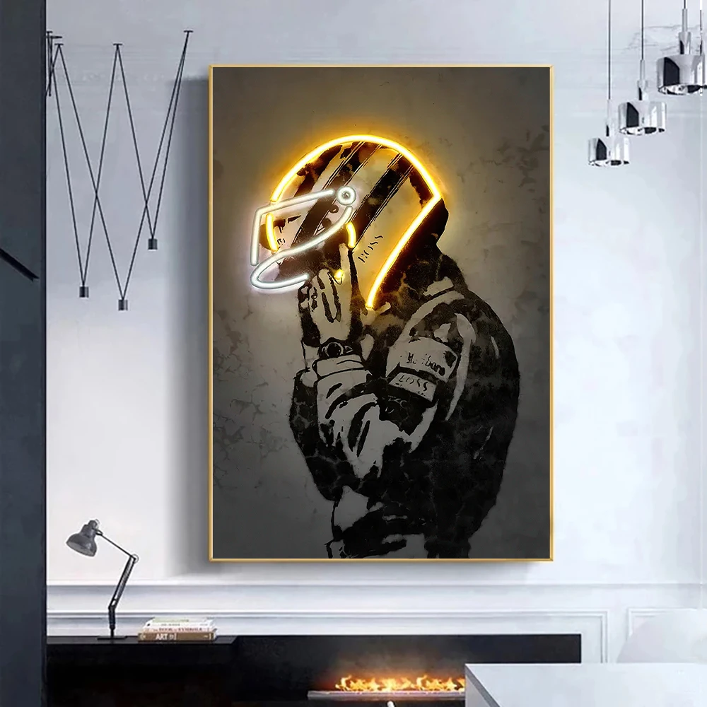 Abstract Ayrton Senna Neon Helmet Wall Art Canvas Painting Motorcycle Racing Posters and Prints Sport Picture for Home Bar Decor