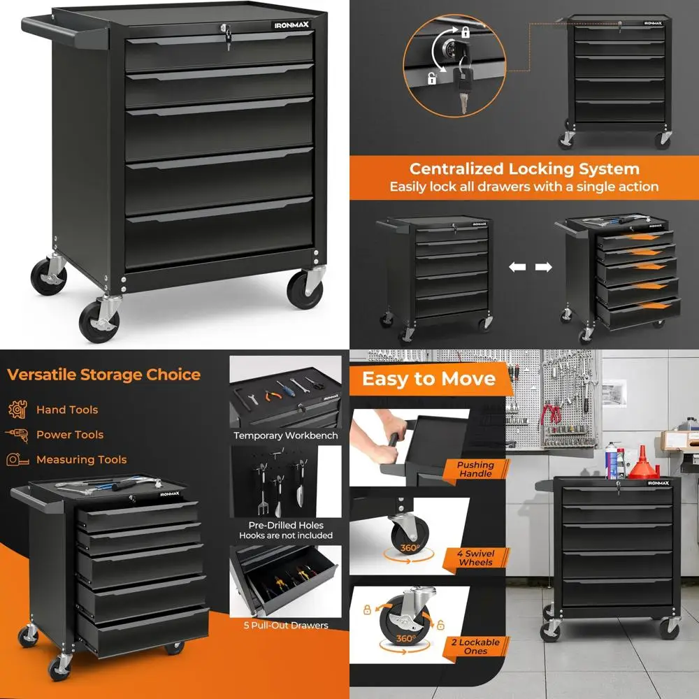 

5-Drawer Rolling Steel Tool Chest with Hanging Holes, Central Keyed Lock, Ball-Bearing Slides for Secure Storage Solutions