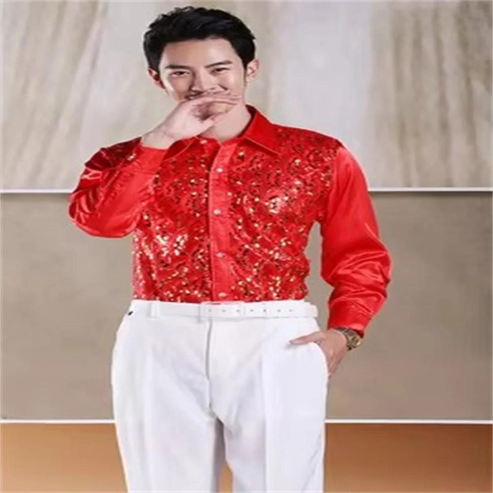 Camisas de coro hostado, camisa de uniforme de actuación de coro, nueva camisa de lentejuelas brillantes para hombre, ropa para el escenario, gala de baile