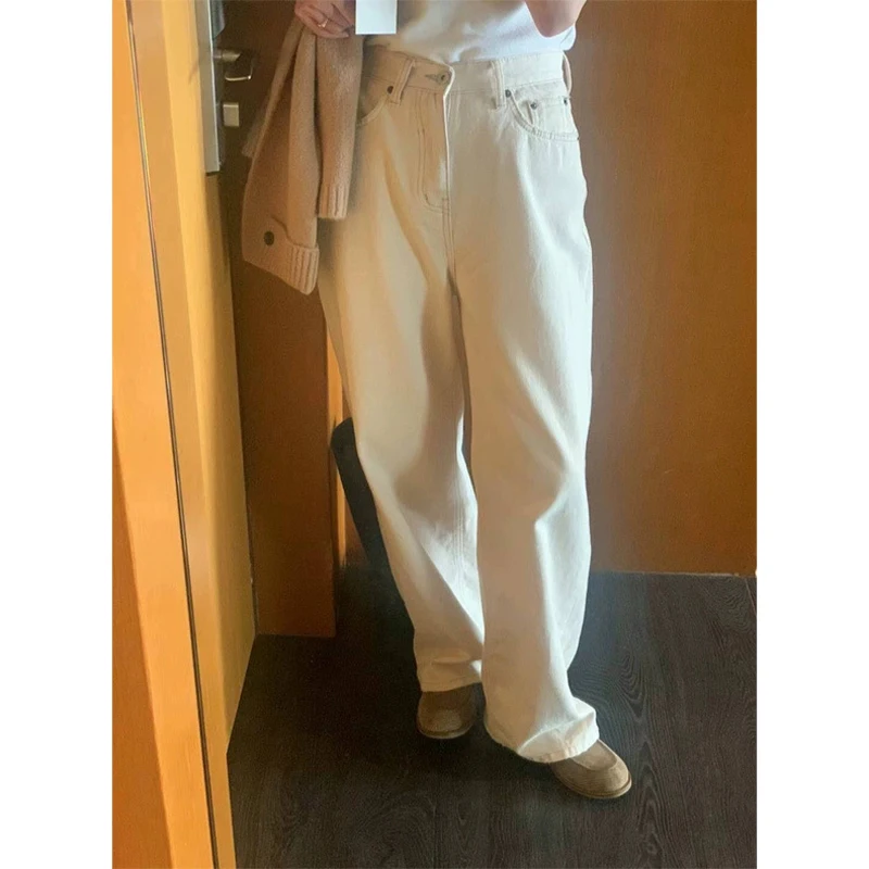 

High Waist Straight Leg Denim Jeans Women's Commute Faion Milk White Color Slimming Jeans Ladies' Autumn Collection