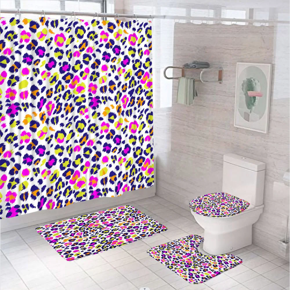 4Pcs Colorful Leopard Zebra Shower Curtain Set African Wild Animal Art Bathroom Curtains Non-Slip Bath Mat Rug Toilet Cover Home