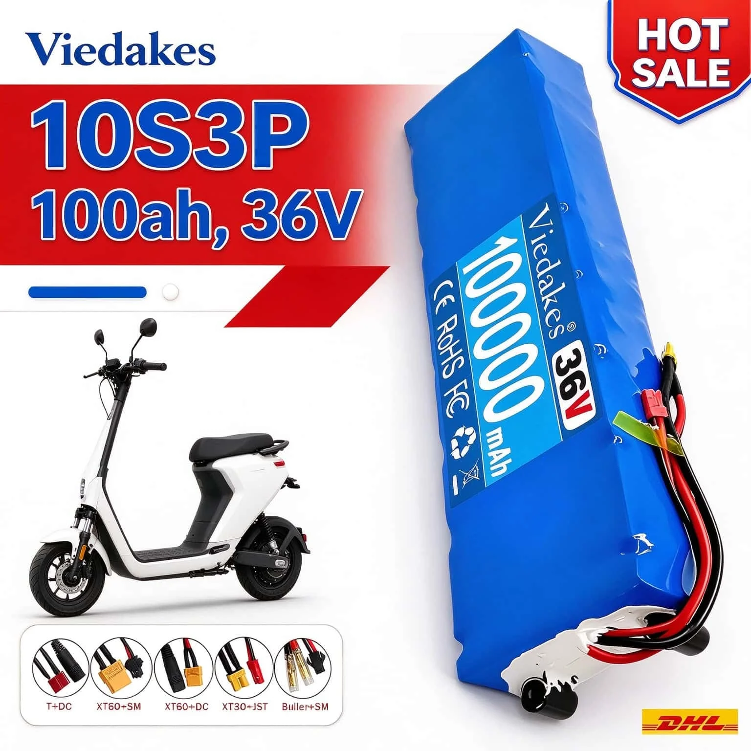 Overheat Protection 36V 10S3P Viedakes 100000mAh Rechargeable Lithium Battery Pack For E-Scooter XT60 & DC Connectors
