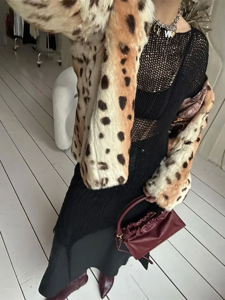 Moda damska Leopard Print Faux Fur Ciepły płaszcz Szykowne klapy Długie rękawy Kurtka codzienna Jesień Zima Odzież wierzchnia damska