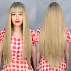 Lange hell blonde synthetische Perücken mit Pony blonde Haar Perücke für Frauen Mittelteil Cosplay Natur haar hitze beständig