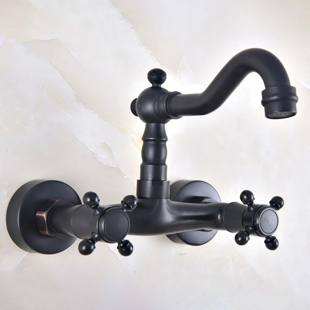 

Classic Black Oil Rubbed Bronze Wall Mounted Basin Faucets Bathroom Faucet Dual Handles Hot Cold Water Mixer Tap Lnf812