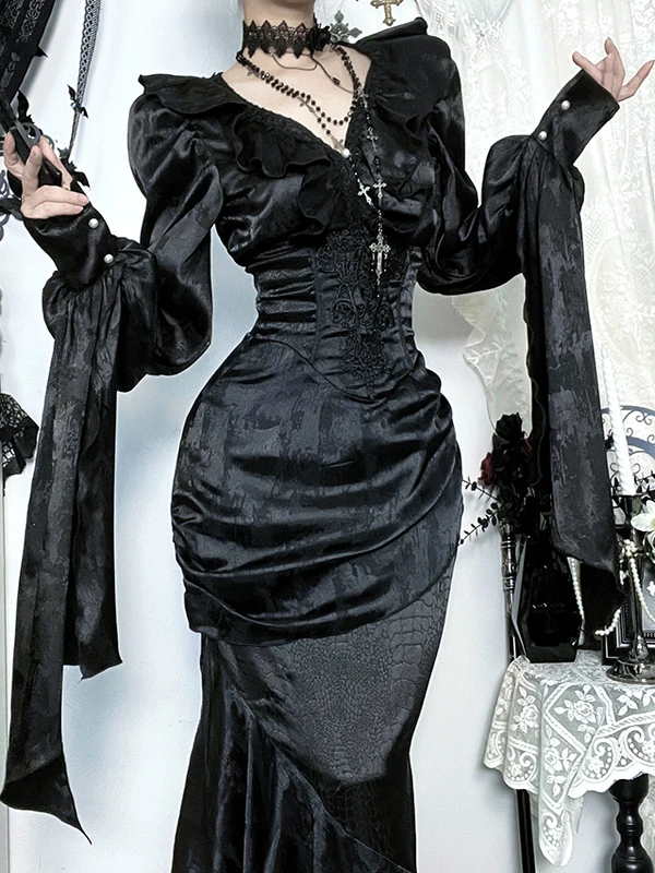 고딕 스타일 롱 스커트 여성용 브이넥 드레스 할로윈 코스프레 라이트 서브컬쳐 드레스 불규칙한 밑단 박쥐 소매 폴리에스터...