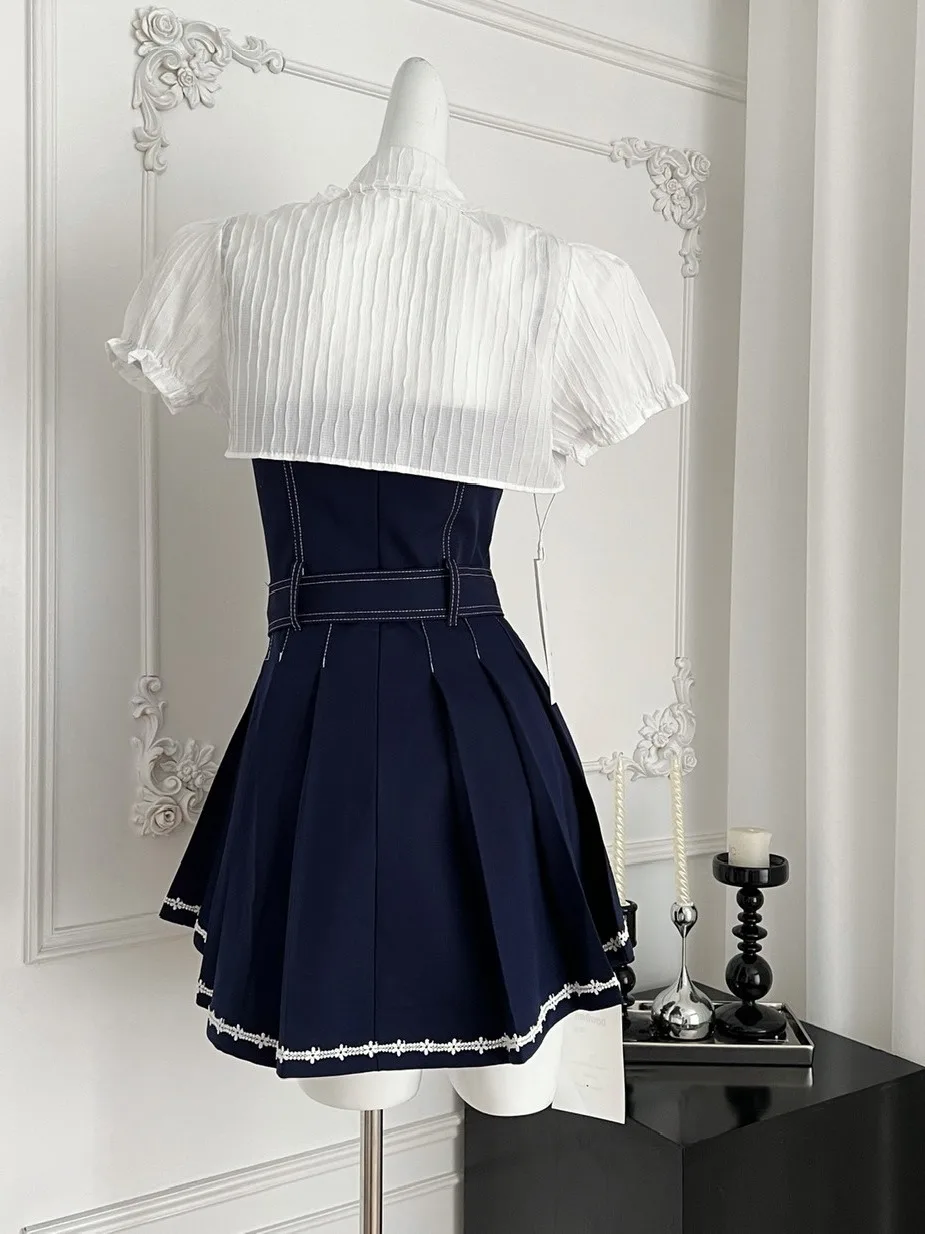 

American College Sle Women's Pure Desire Spicy Girl Color Blo Tie Waist ter Denim Pleated Dr + Open Cardigan