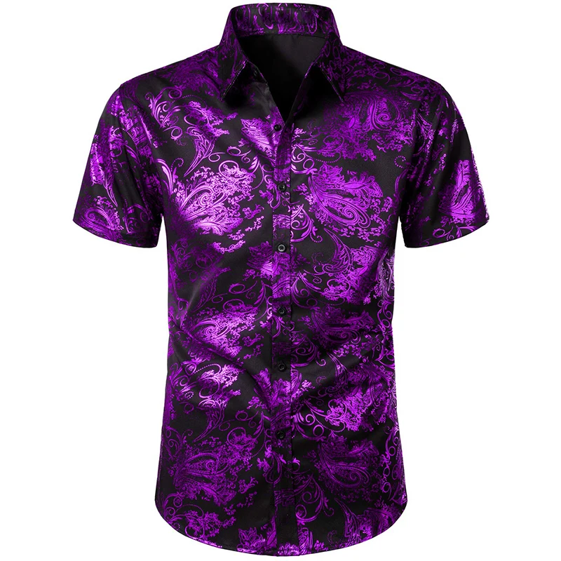 Men\'s Luxury Stylish Slim Fit Shirts 3d Full Print Gold Flower Button Up Dress Shirt For Men Summer Short Sleeve Tee Tops